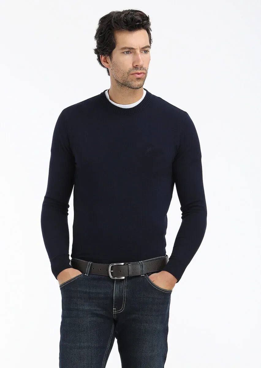 Lacivert Bisiklet Yaka Düz Örgü Yün Karışımlı Triko Kazak - 4