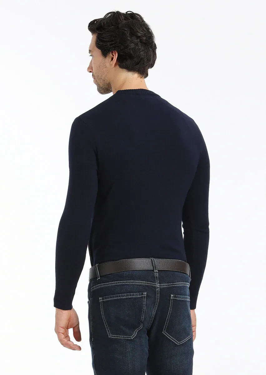 Lacivert Bisiklet Yaka Düz Örgü Yün Karışımlı Triko Kazak - 5