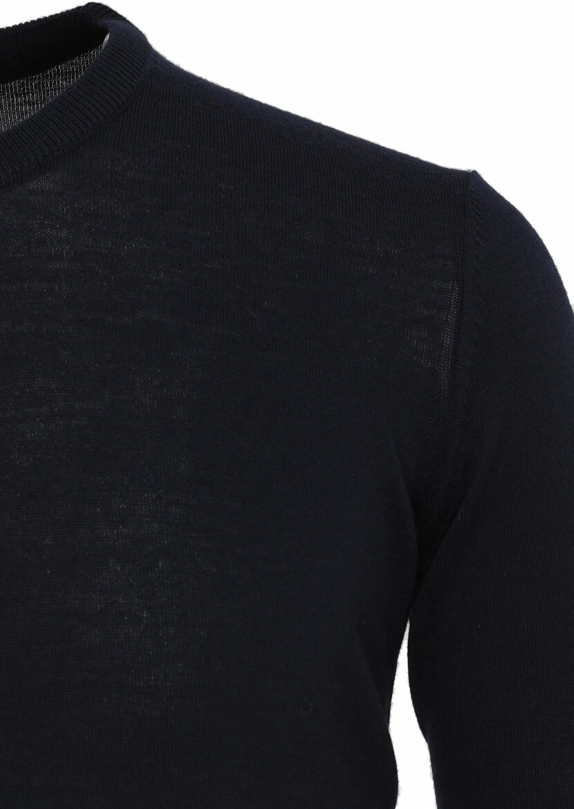 Lacivert Bisiklet Yaka Düz Örgü Yün Karışımlı Triko Kazak 