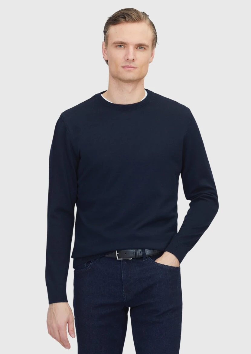 Lacivert Bisiklet Yaka Düz Örgü Yün Karışımlı Triko Kazak - RAMSEY