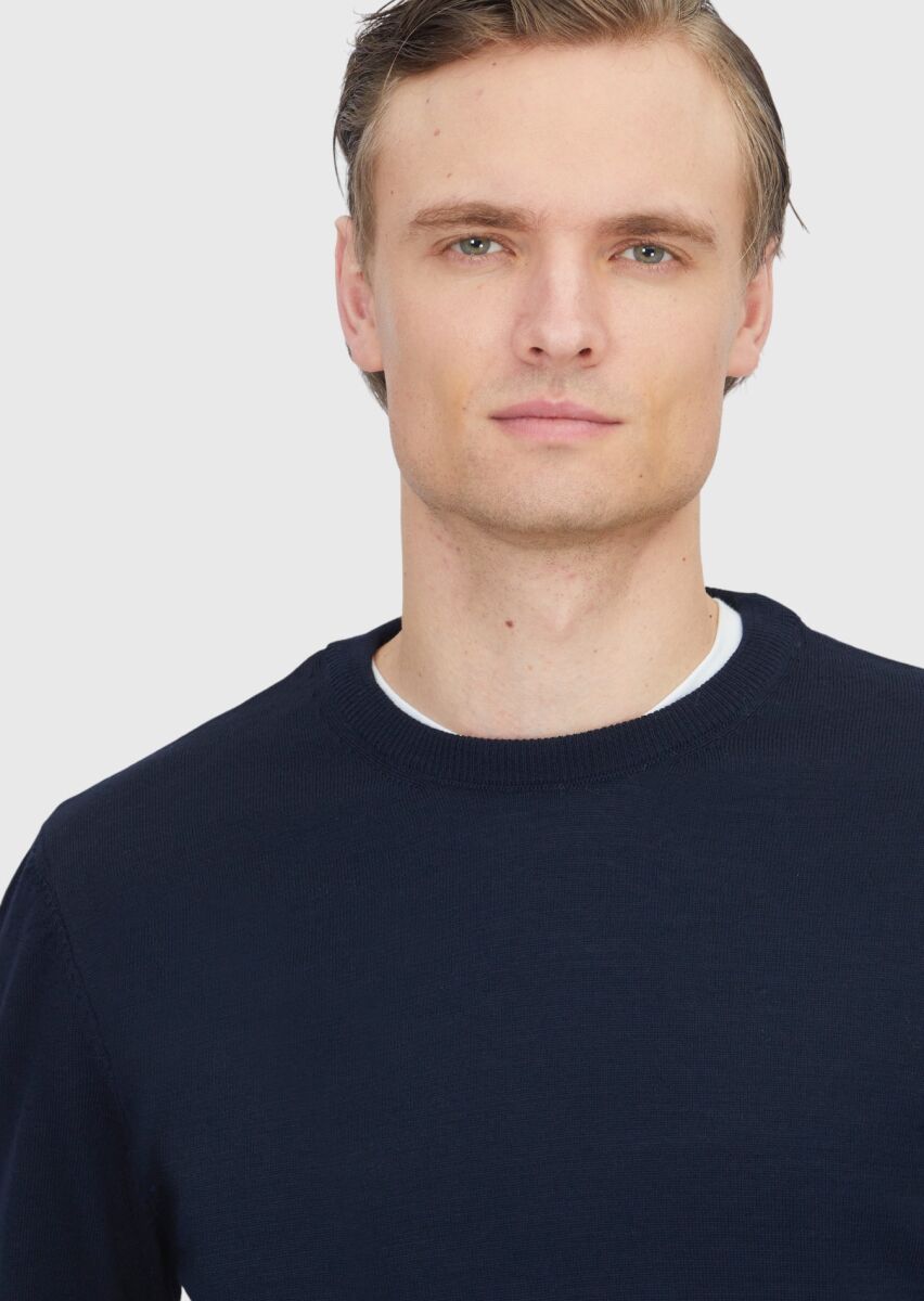 Lacivert Bisiklet Yaka Düz Örgü Yün Karışımlı Triko Kazak - 3