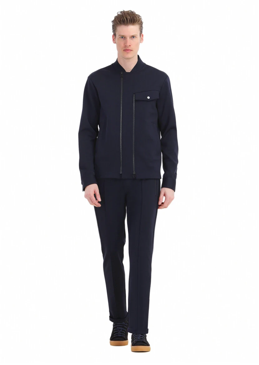 Lacivert Bisiklet Yaka Jakarlı Sweatshırt - RAMSEY