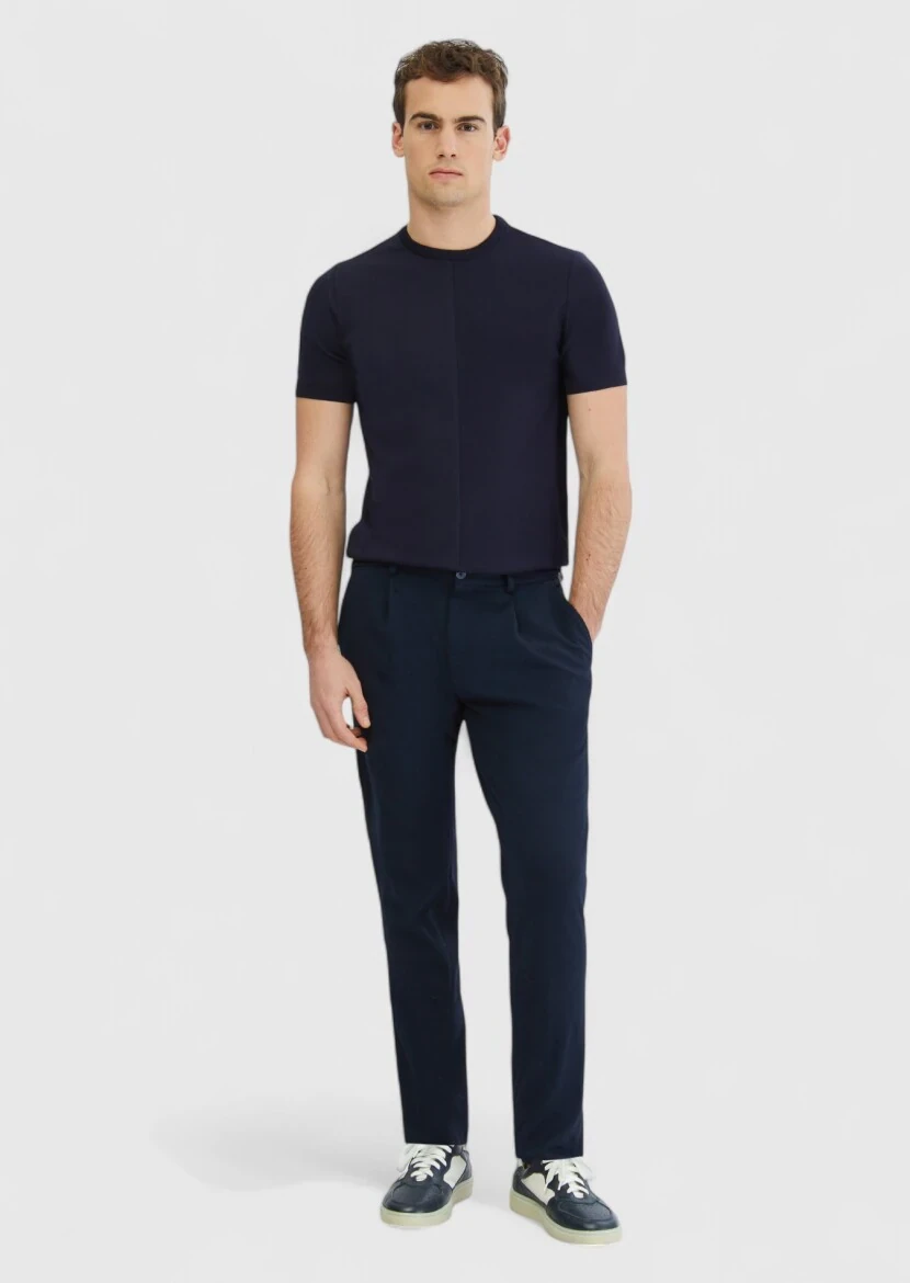 Lacivert Bisiklet Yaka Jakarlı Triko - RAMSEY