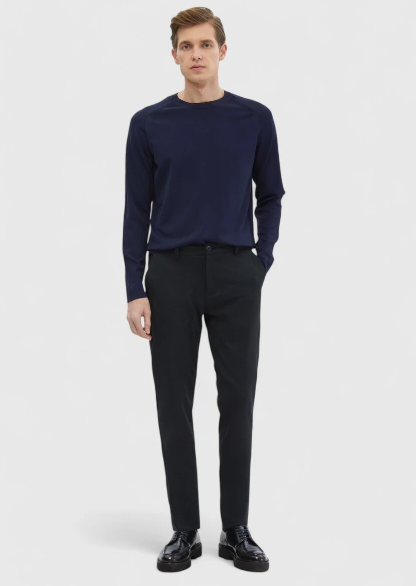 Lacivert Bisiklet Yaka Jakarlı Triko Kazak - 1