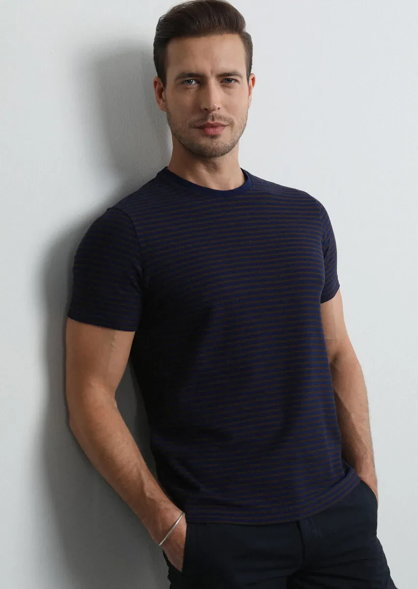 Lacivert Çizgili %100 Pamuk T-Shirt - 4