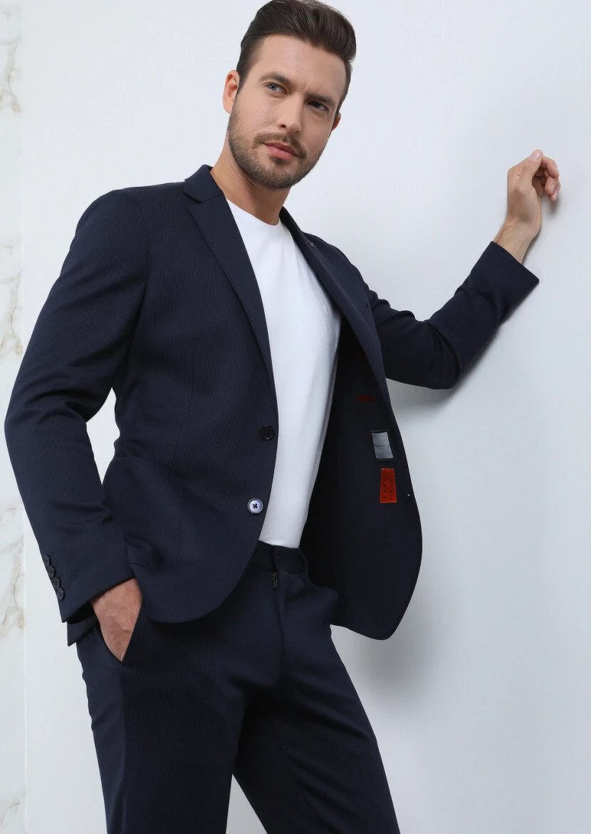 Lacivert Çizgili Comfort Fit Pamuk Karışımlı Örme Takım Elbise - 1