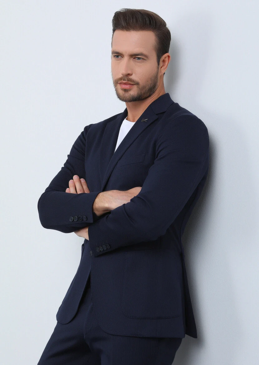 Lacivert Çizgili Comfort Fit Pamuk Karışımlı Örme Takım Elbise - 2