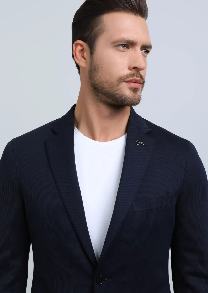 Lacivert Çizgili Comfort Fit Pamuk Karışımlı Örme Takım Elbise - 3