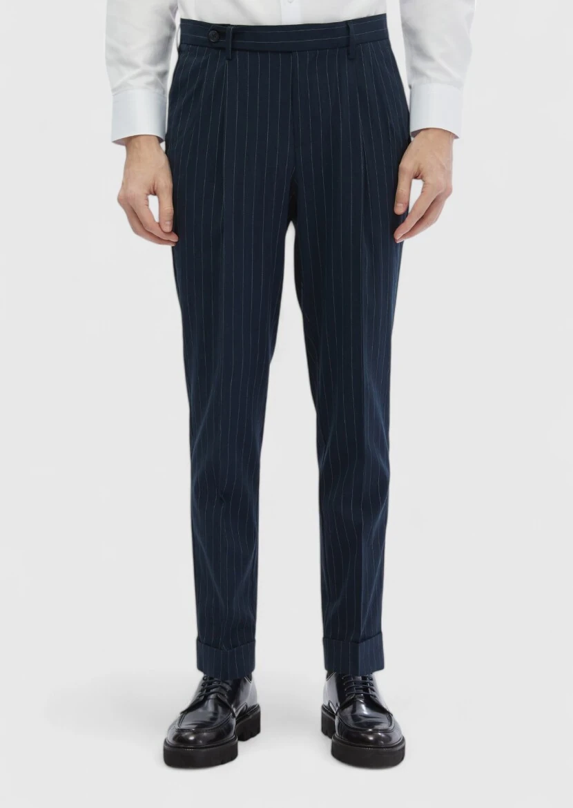 Lacivert Çizgili Dokuma Carrot Fit Klasik Pantolon - 3