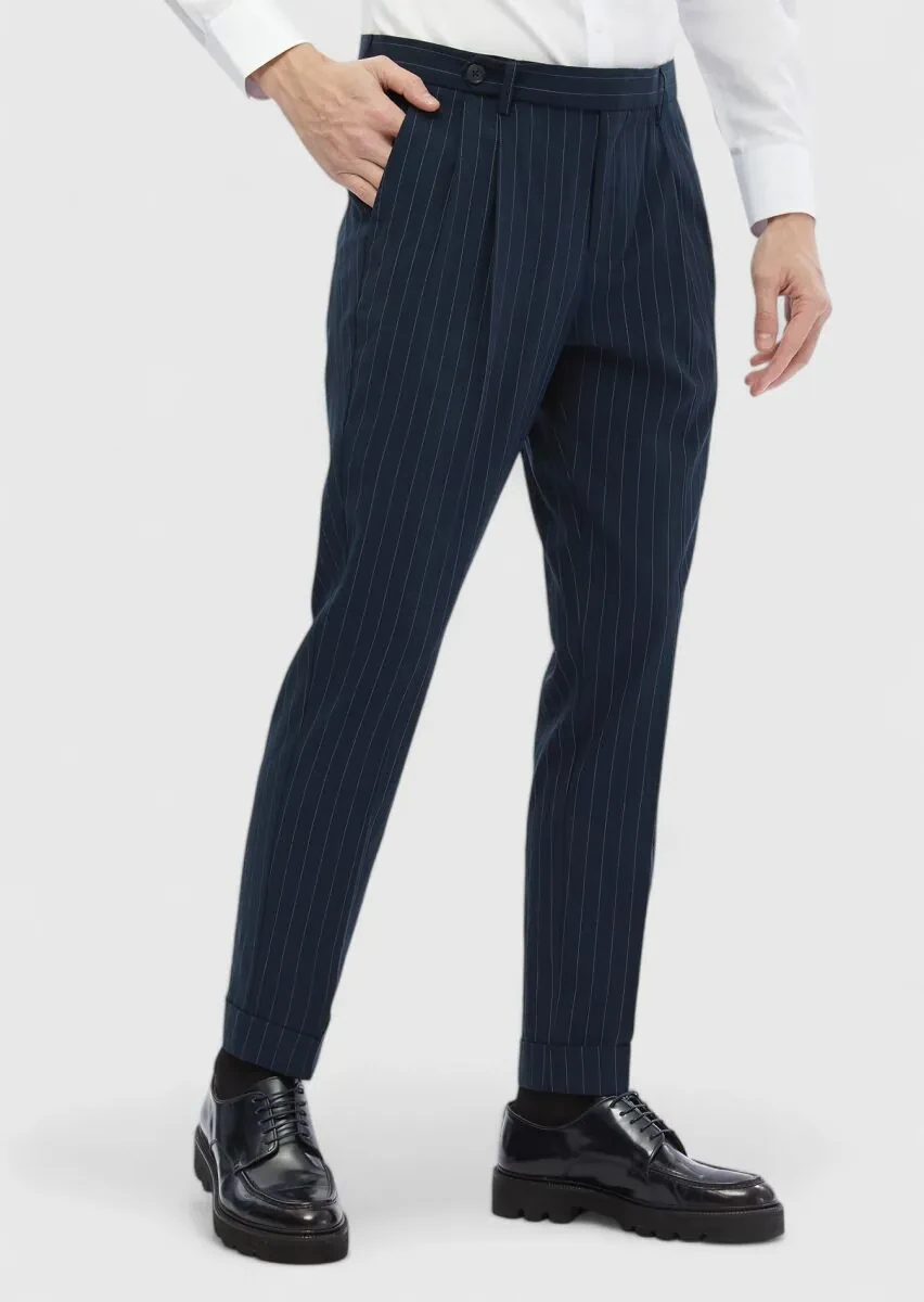 Lacivert Çizgili Dokuma Carrot Fit Klasik Pantolon - 4