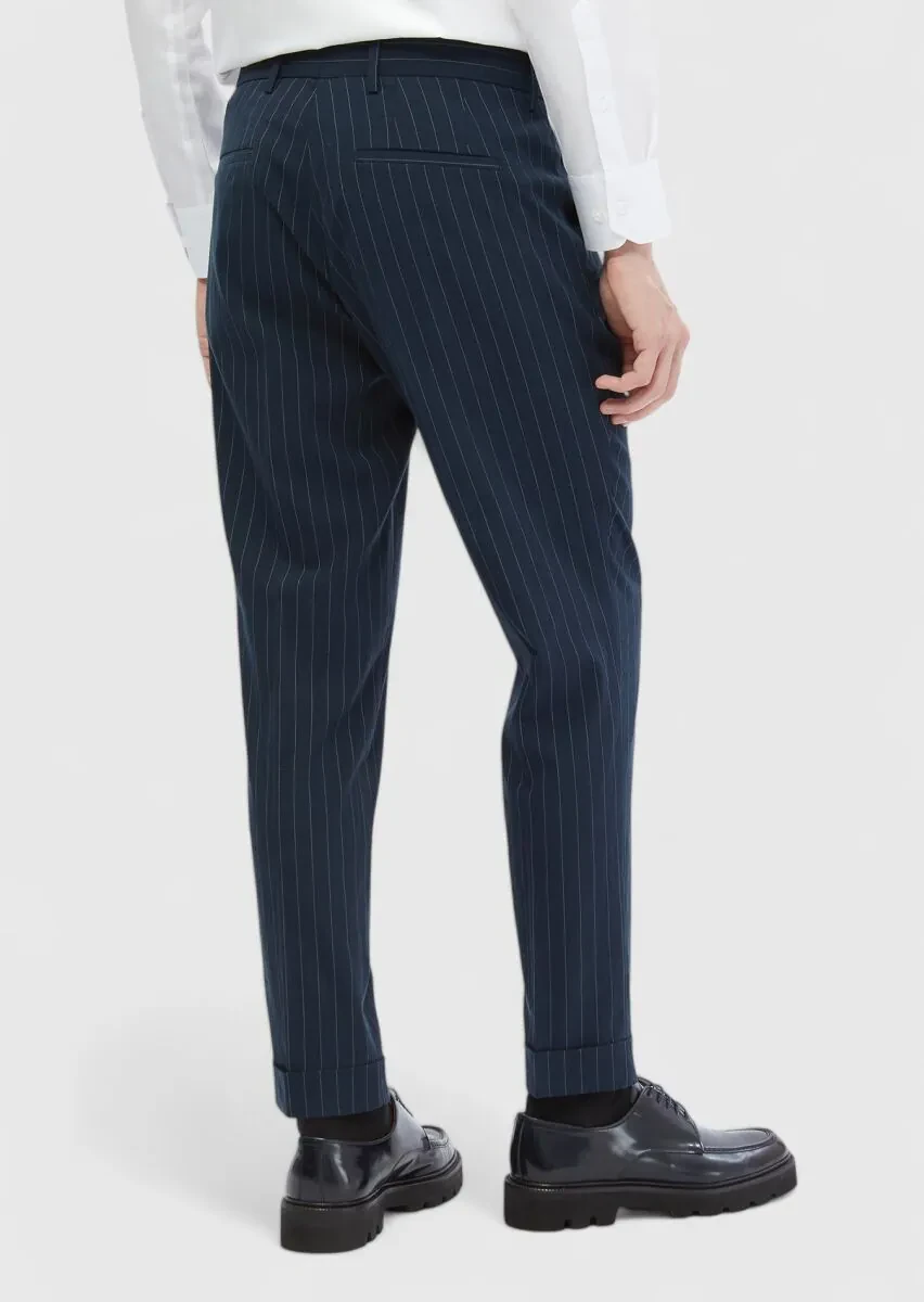 Lacivert Çizgili Dokuma Carrot Fit Klasik Pantolon - 6