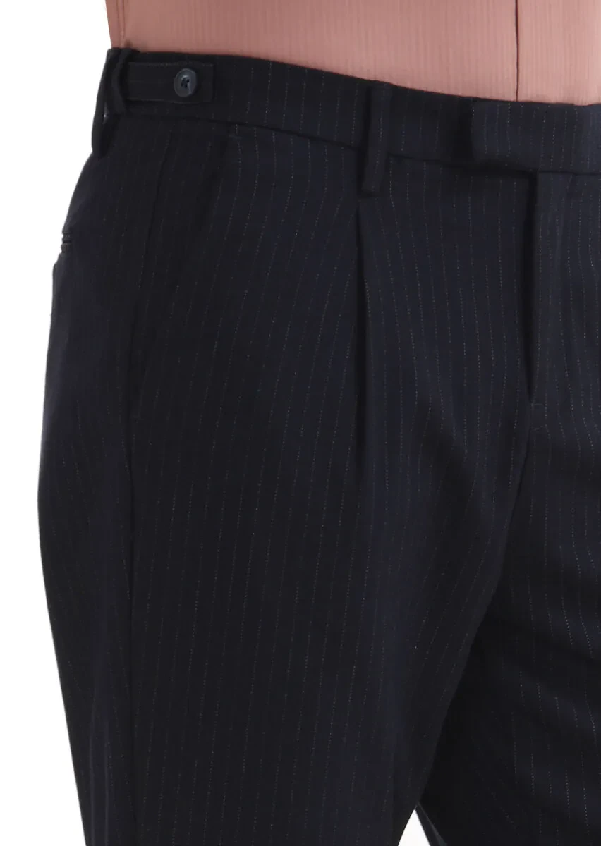 Lacivert Çizgili Dokuma Regular Fit Casual Pantolon - 3