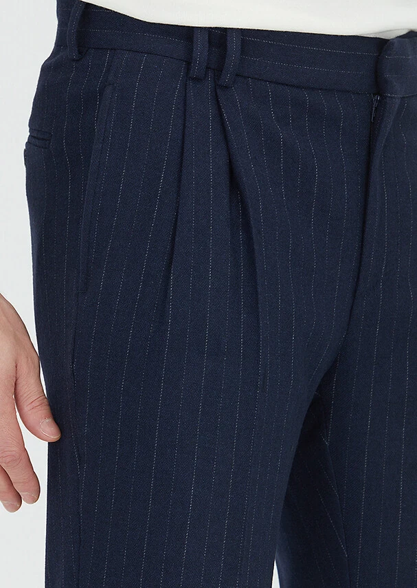 Lacivert Çizgili Dokuma Regular Fit Casual Yün Karışımlı Pantolon - 3