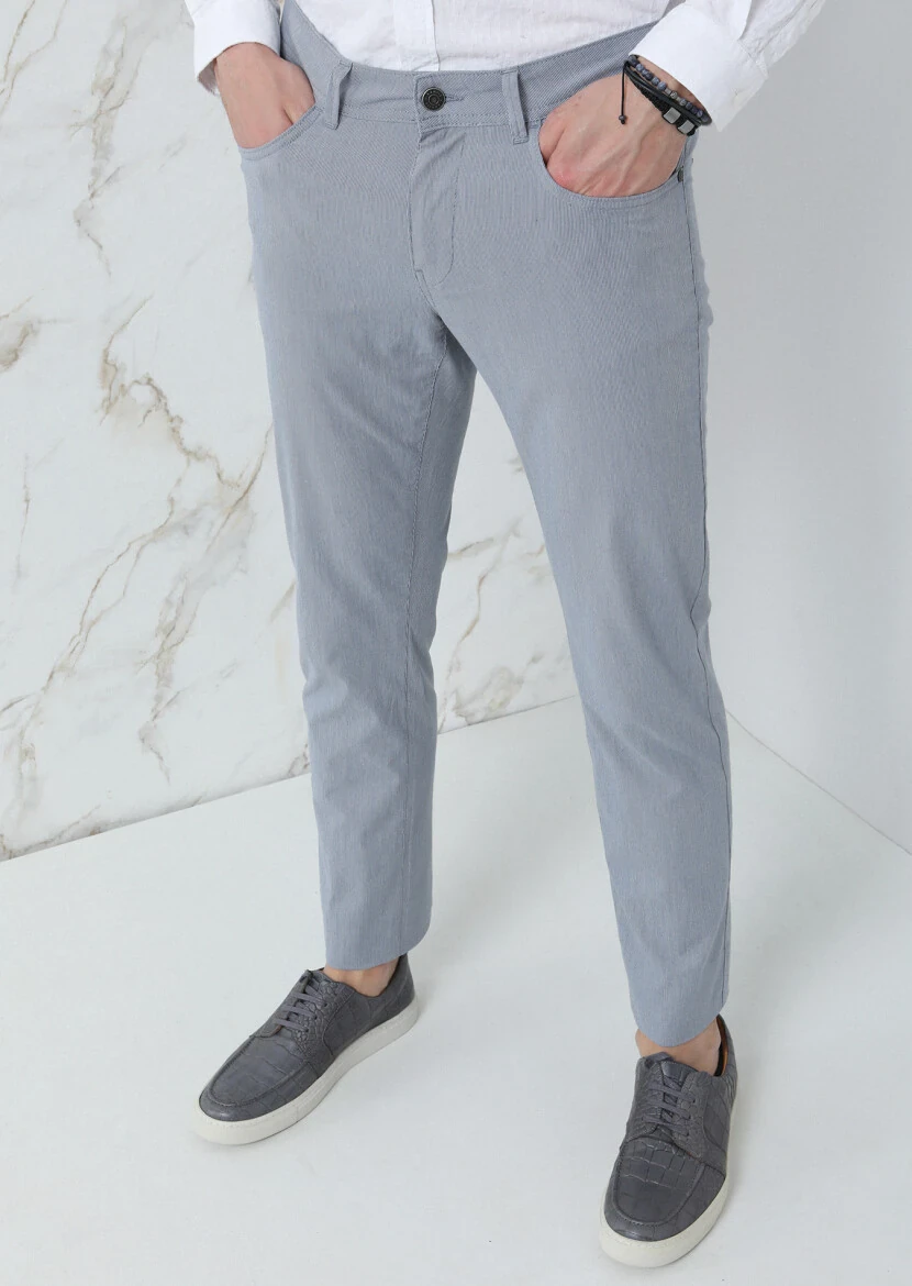 Lacivert Çizgili Dokuma Slim Fit Casual Pamuk Karışımlı Pantolon 