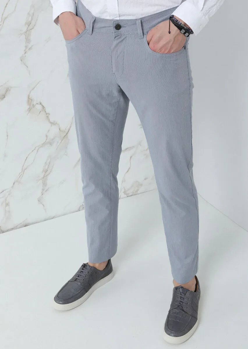 Lacivert Çizgili Dokuma Slim Fit Casual Pamuk Karışımlı Pantolon - 2