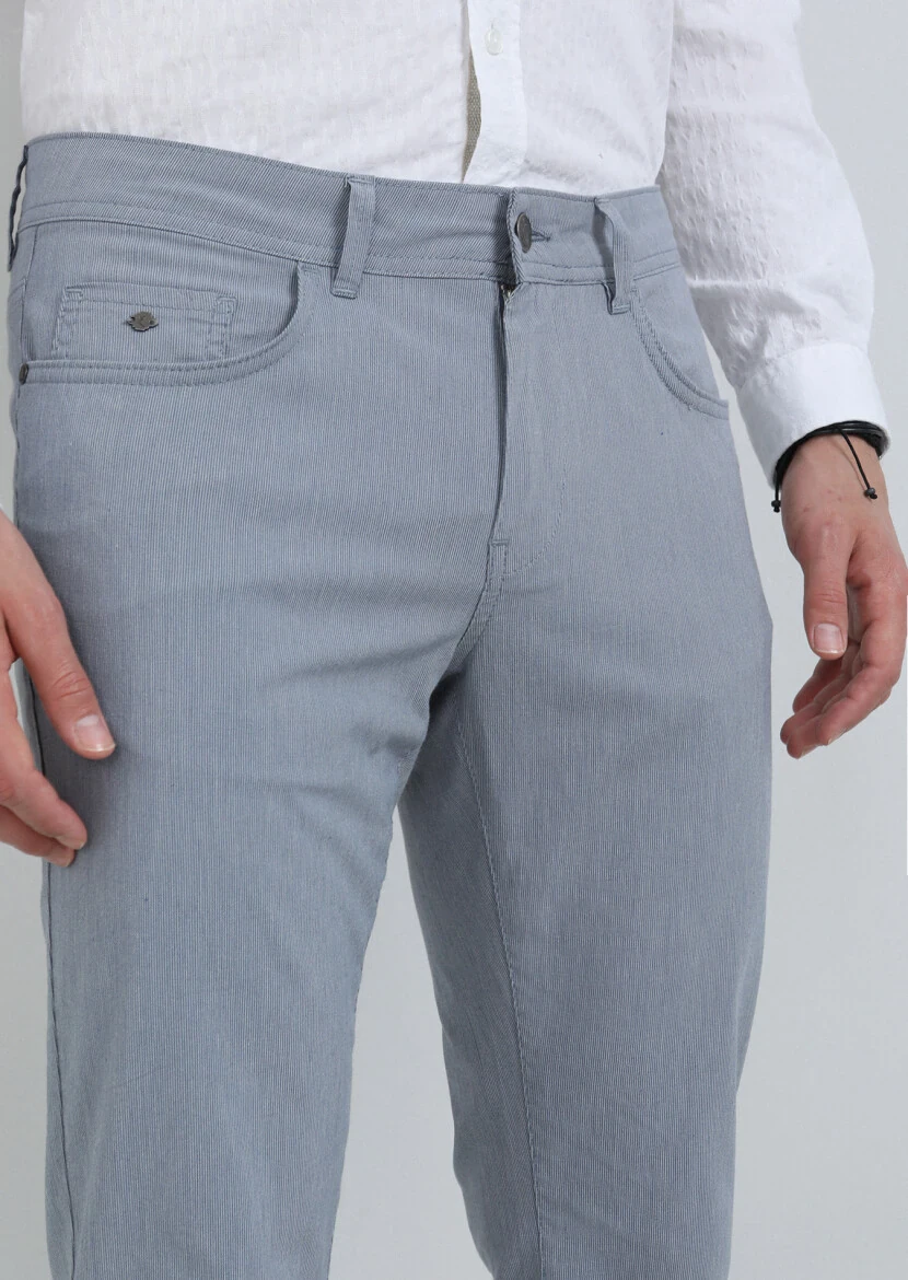 Lacivert Çizgili Dokuma Slim Fit Casual Pamuk Karışımlı Pantolon - 3