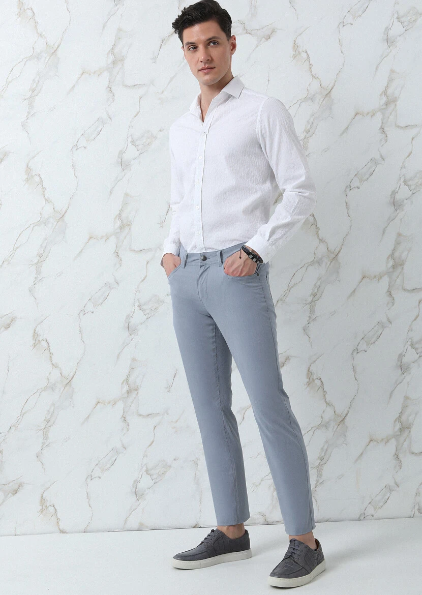 Lacivert Çizgili Dokuma Slim Fit Casual Pamuk Karışımlı Pantolon - 4
