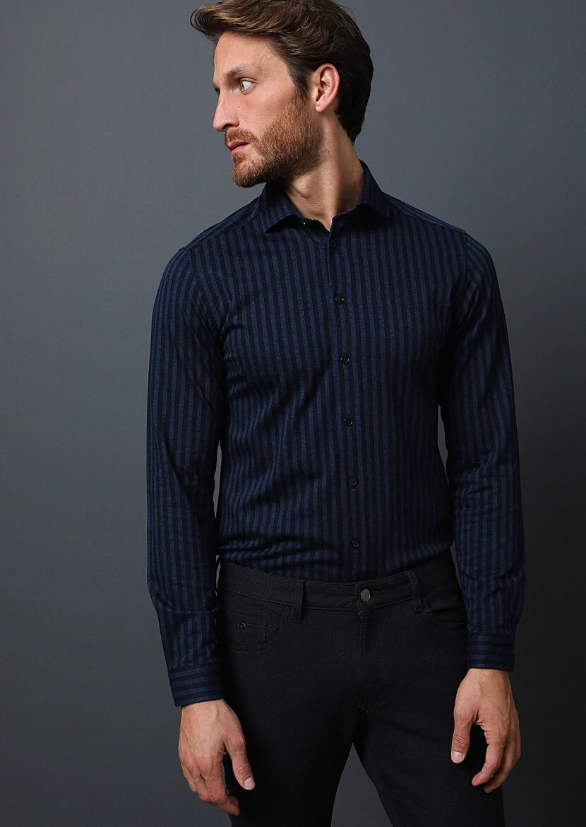 Lacivert Çizgili Fitted Fit Casual %100 Pamuk Gömlek - 1