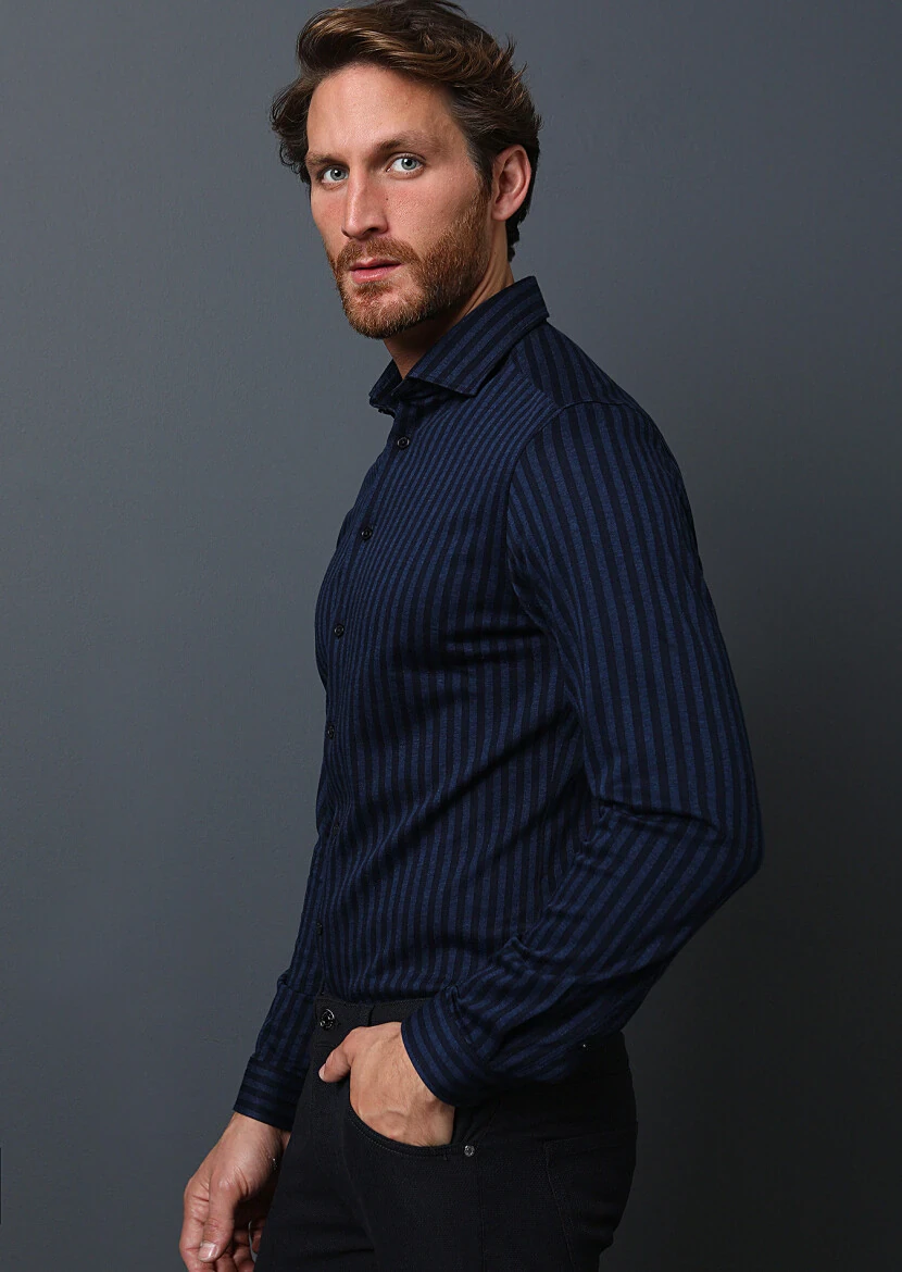 Lacivert Çizgili Fitted Fit Casual %100 Pamuk Gömlek - 3
