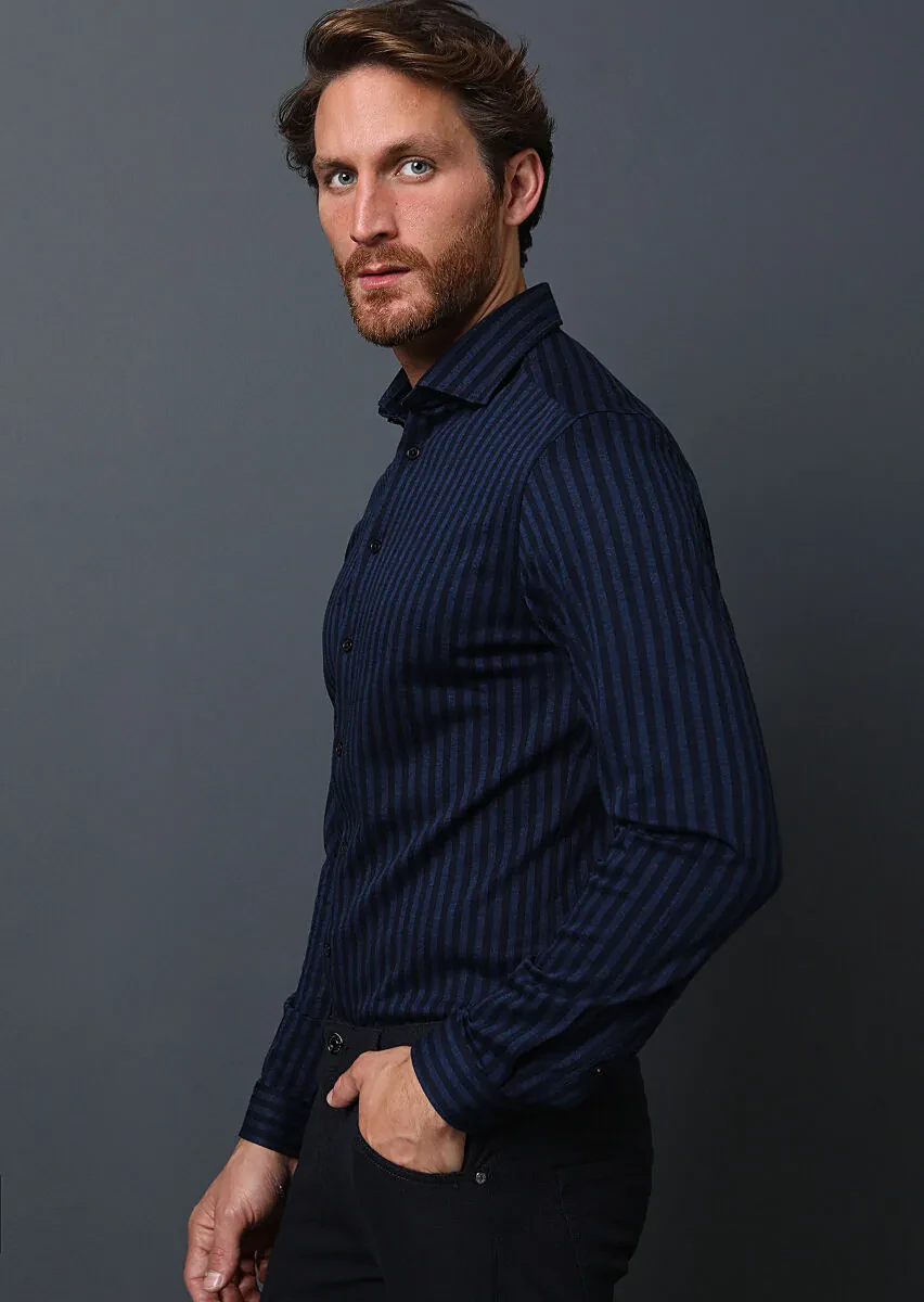 Lacivert Çizgili Fitted Fit Casual %100 Pamuk Gömlek - 3