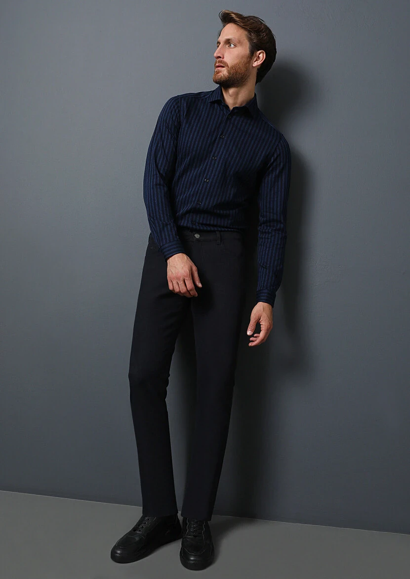 Lacivert Çizgili Fitted Fit Casual %100 Pamuk Gömlek - 4