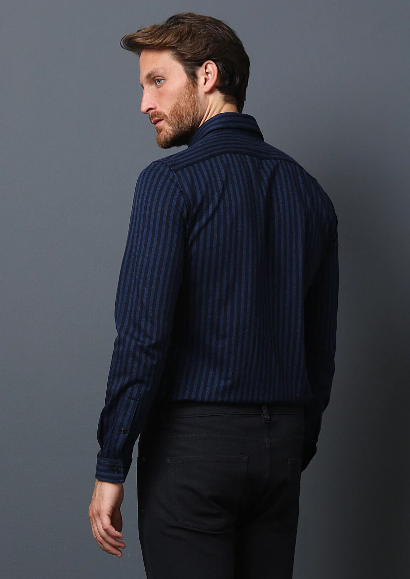 Lacivert Çizgili Fitted Fit Casual %100 Pamuk Gömlek - 5