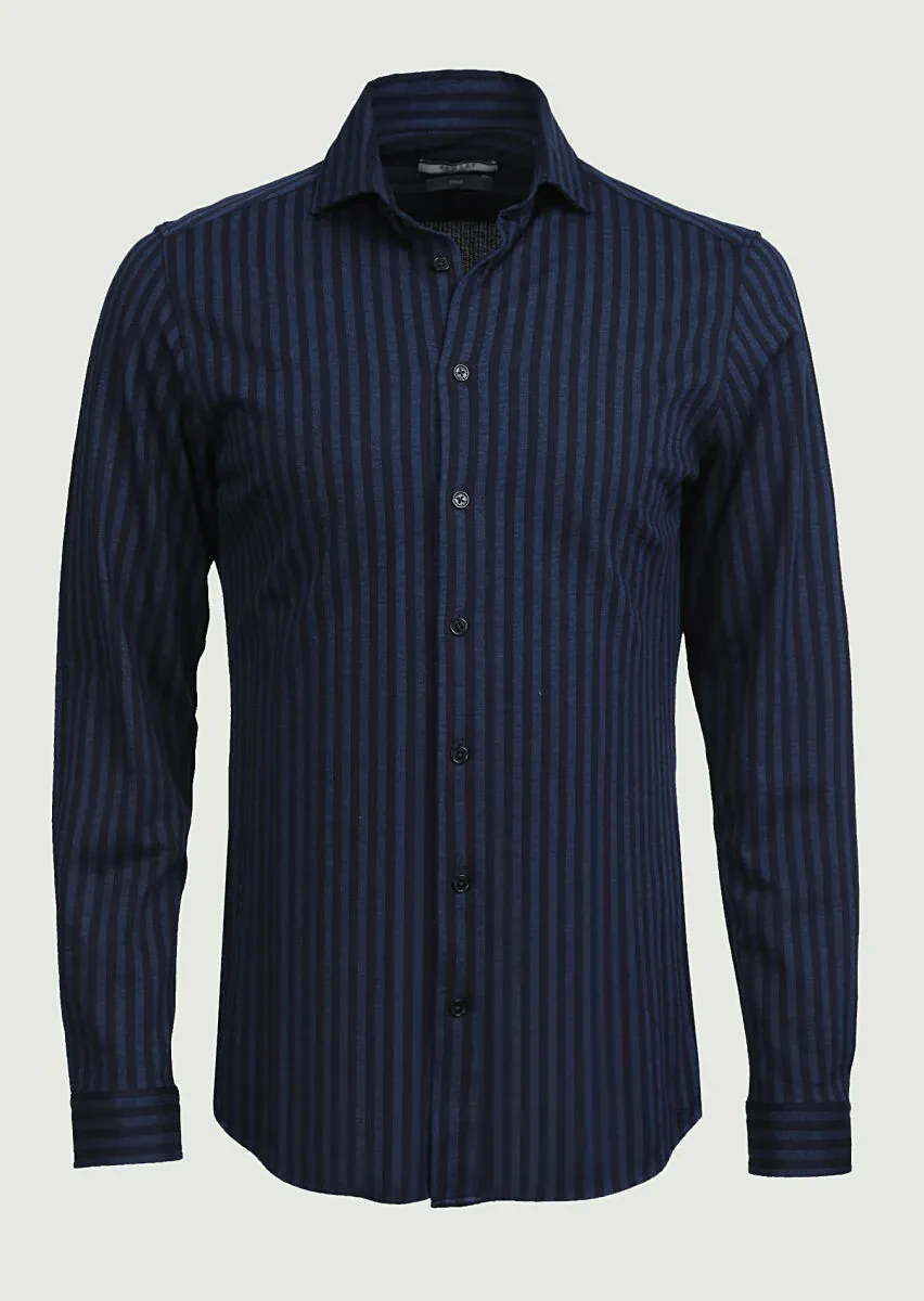 Lacivert Çizgili Fitted Fit Casual %100 Pamuk Gömlek - 6