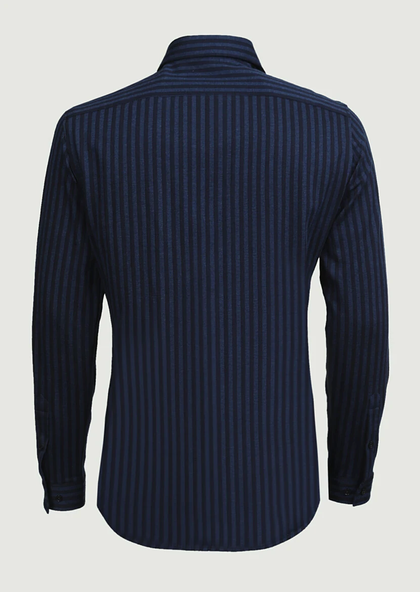 Lacivert Çizgili Fitted Fit Casual %100 Pamuk Gömlek - 7