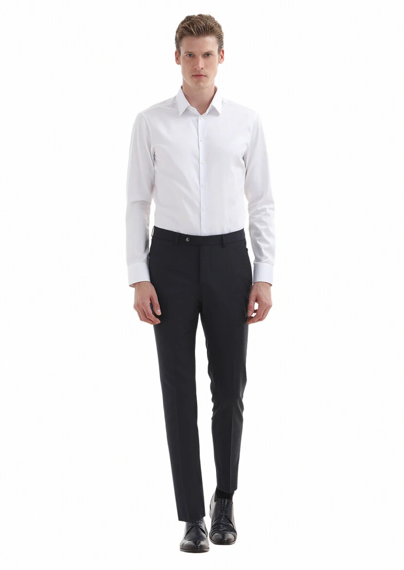 Lacivert Çizgili Kumaş Modern Fit Klasik Yün Karışımlı Pantolon - 1