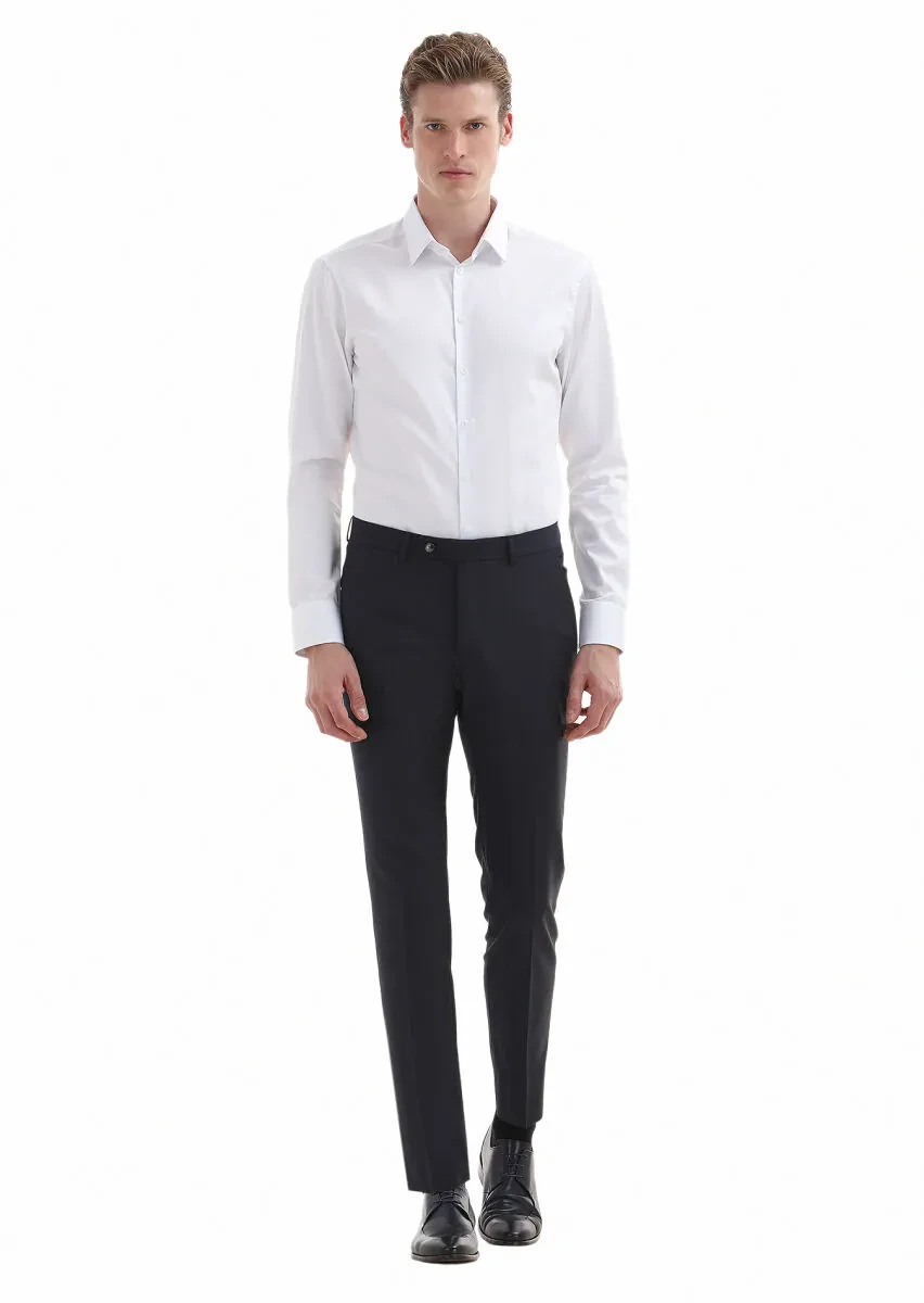 Lacivert Çizgili Kumaş Modern Fit Klasik Yün Karışımlı Pantolon - 1