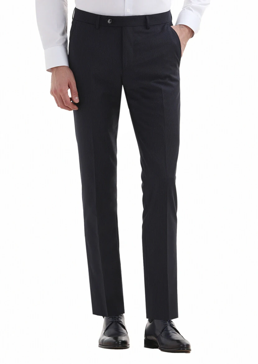 Lacivert Çizgili Kumaş Modern Fit Klasik Yün Karışımlı Pantolon - 2
