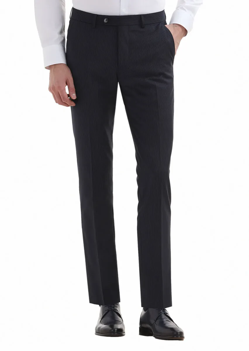 Lacivert Çizgili Kumaş Modern Fit Klasik Yün Karışımlı Pantolon - 2