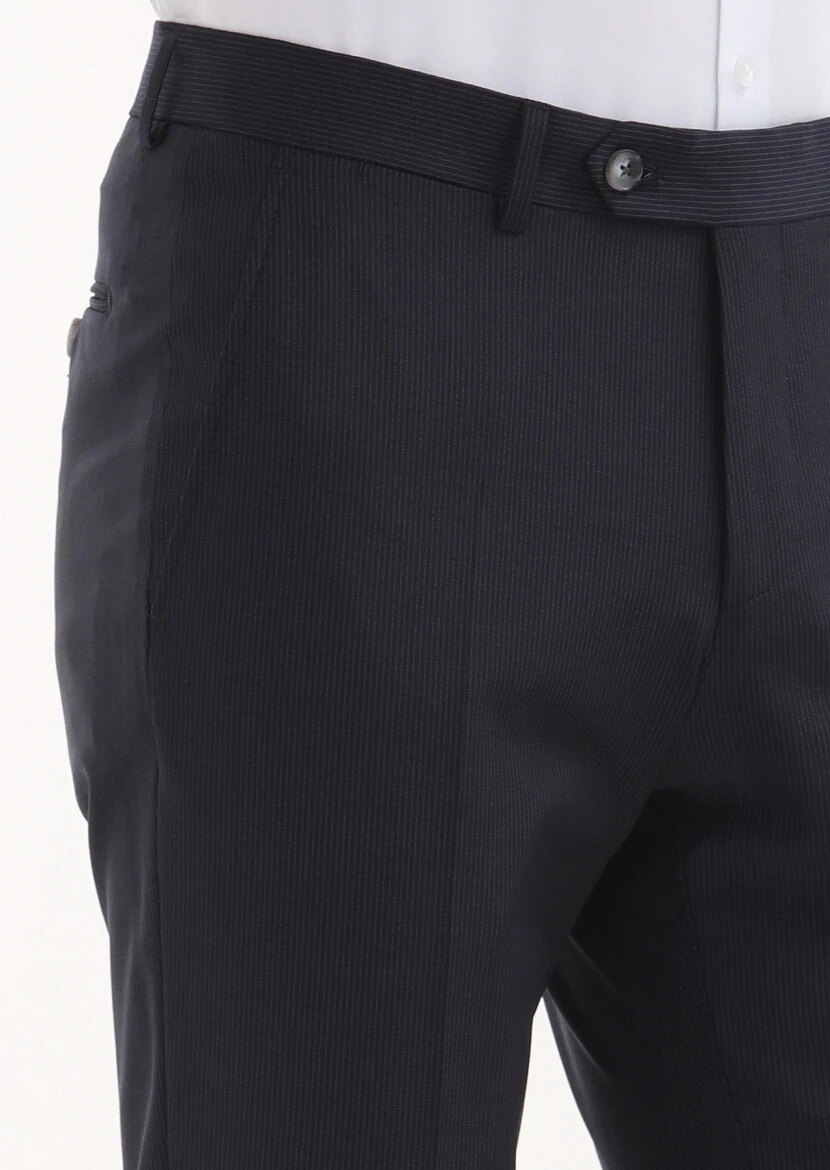 Lacivert Çizgili Kumaş Modern Fit Klasik Yün Karışımlı Pantolon - 3