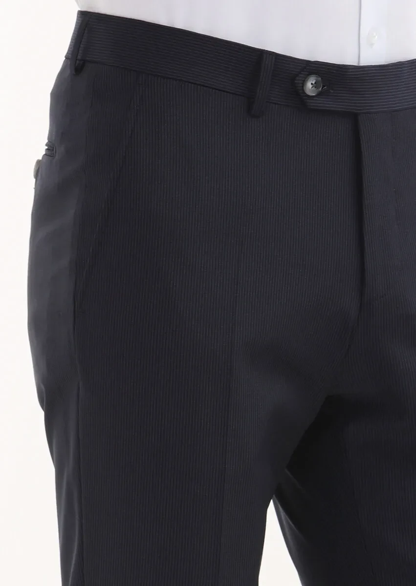 Lacivert Çizgili Kumaş Modern Fit Klasik Yün Karışımlı Pantolon - 3