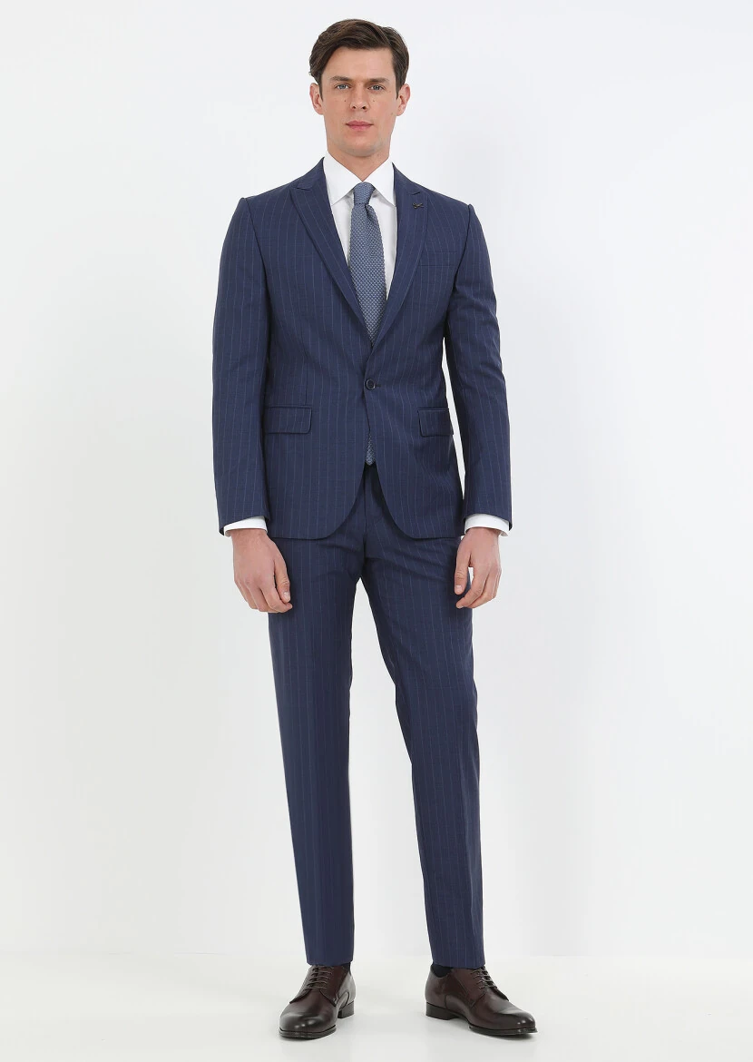 Lacivert Çizgili Modern Fit %100 Yün Takım Elbise - 1