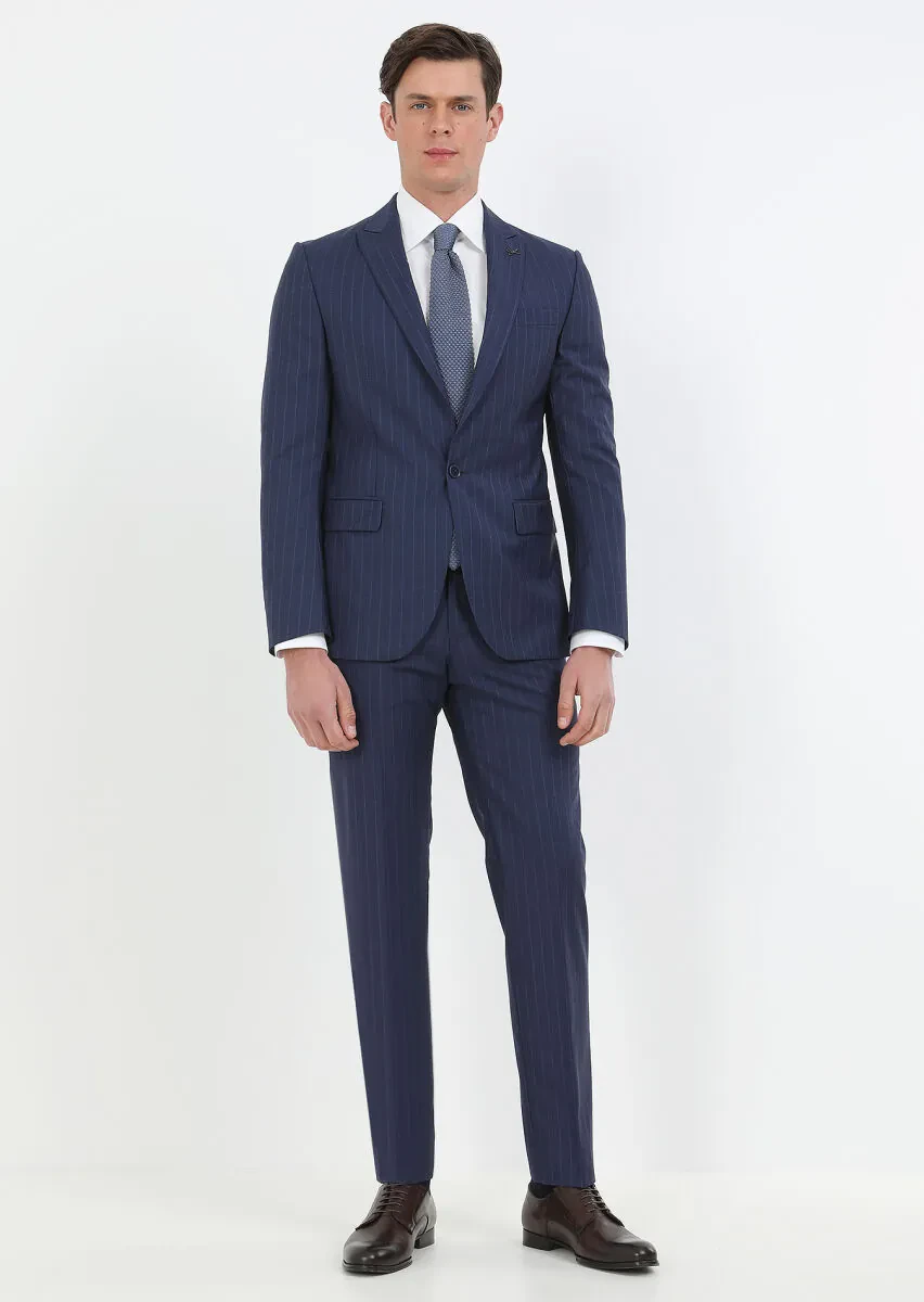 Lacivert Çizgili Modern Fit %100 Yün Takım Elbise - 1