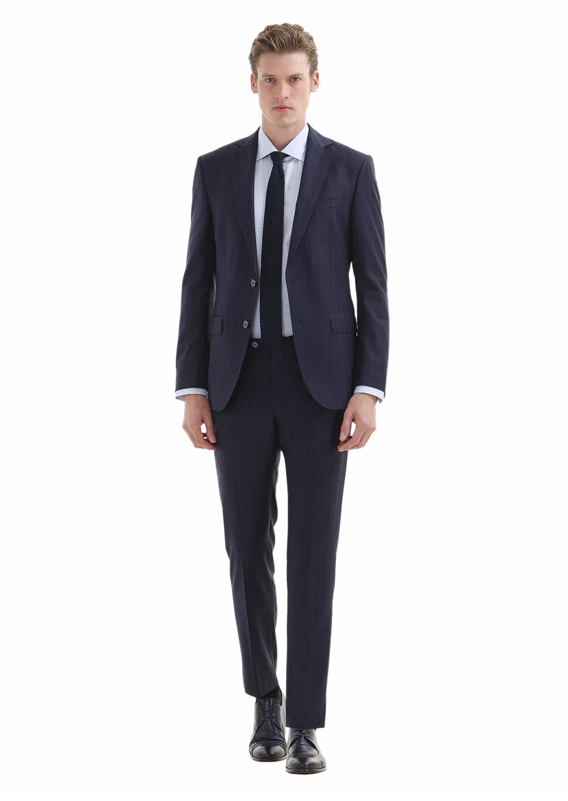 Lacivert Çizgili Modern Fit %100 Yün Takım Elbise - 1