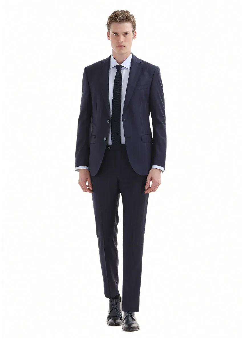Lacivert Çizgili Modern Fit %100 Yün Takım Elbise - 1