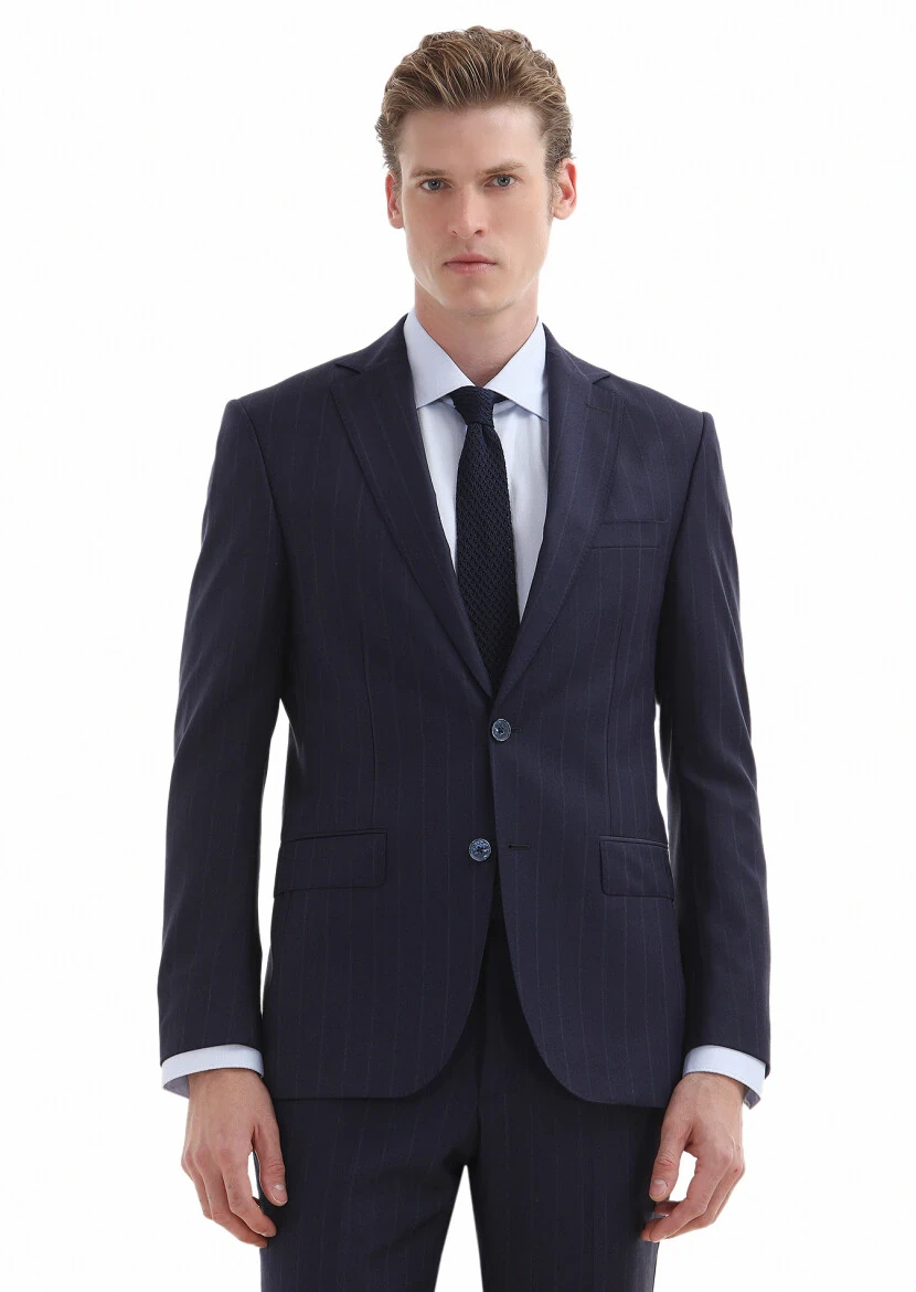 Lacivert Çizgili Modern Fit %100 Yün Takım Elbise - 2