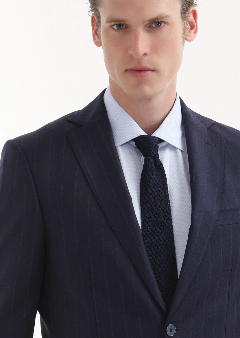 Lacivert Çizgili Modern Fit %100 Yün Takım Elbise - 3