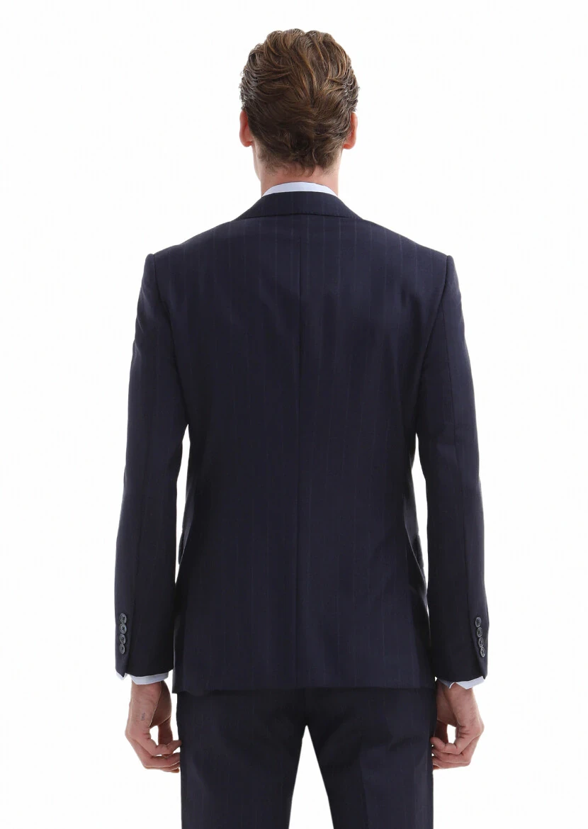 Lacivert Çizgili Modern Fit %100 Yün Takım Elbise - 5