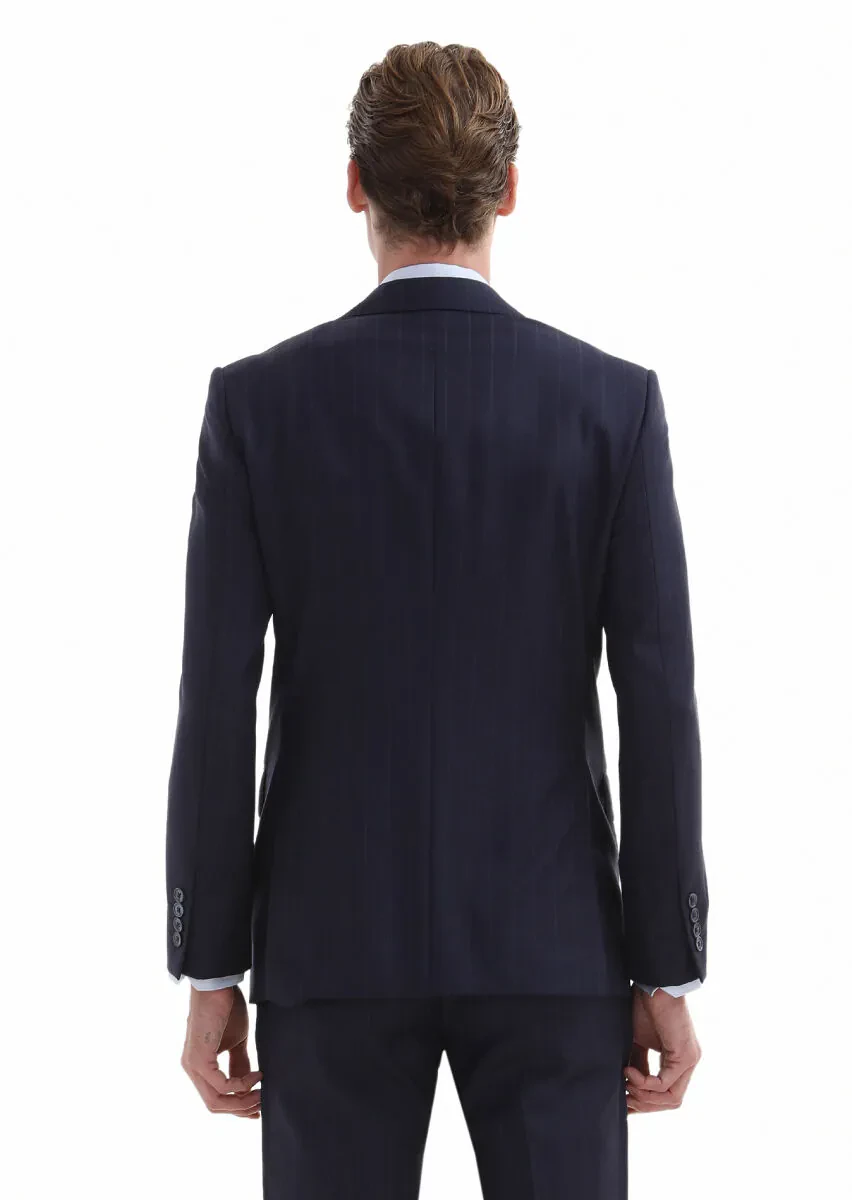 Lacivert Çizgili Modern Fit %100 Yün Takım Elbise - 5