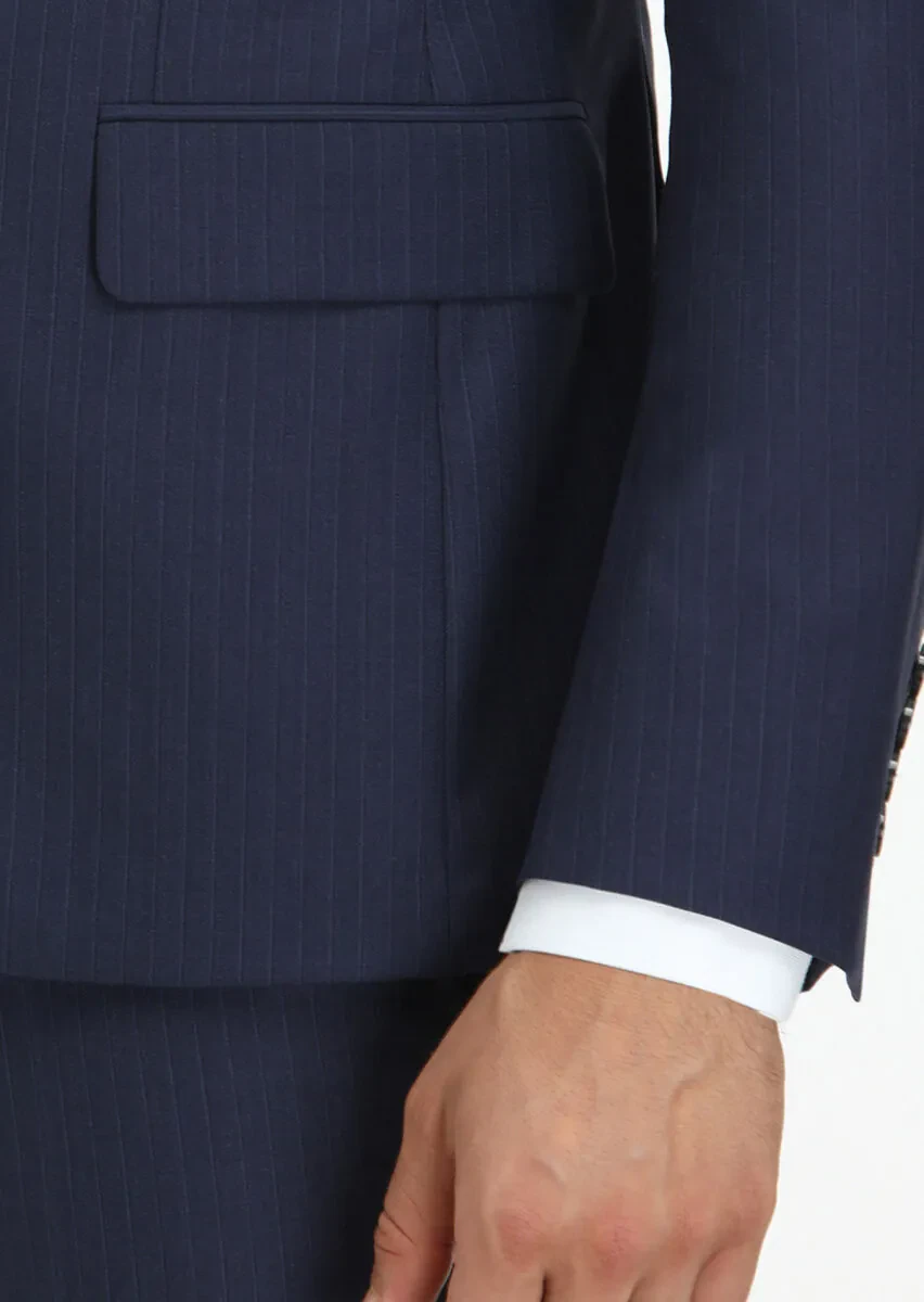 Lacivert Çizgili Modern Fit %100 Yün Takım Elbise - 4