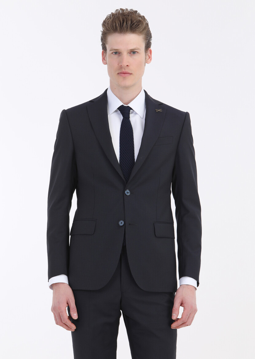 Lacivert Çizgili Modern Fit %100 Yün Takım Elbise - 2