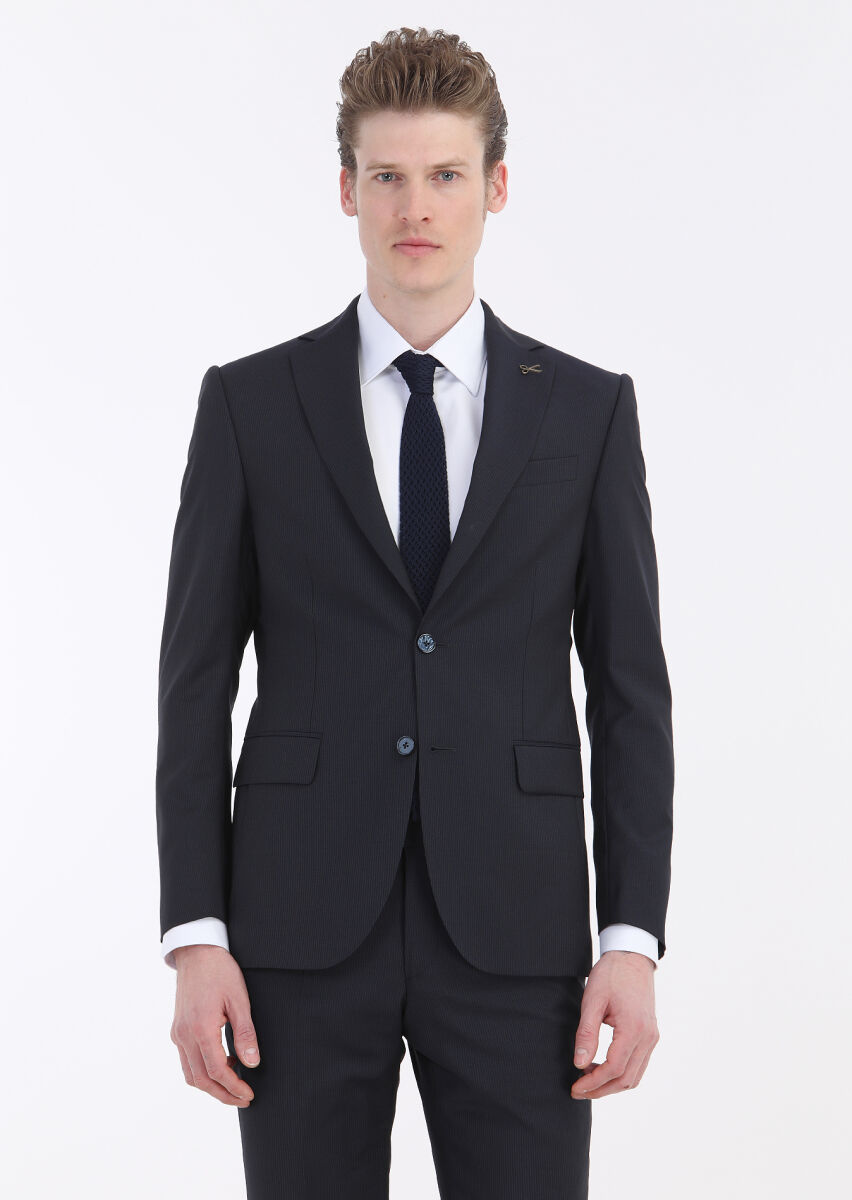 Lacivert Çizgili Modern Fit %100 Yün Takım Elbise - 2