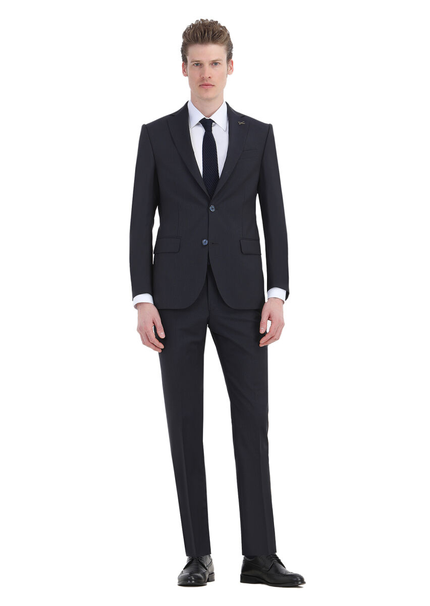 Lacivert Çizgili Modern Fit %100 Yün Takım Elbise - 3