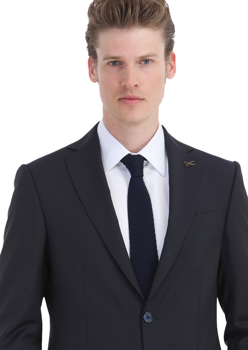 Lacivert Çizgili Modern Fit %100 Yün Takım Elbise - 4