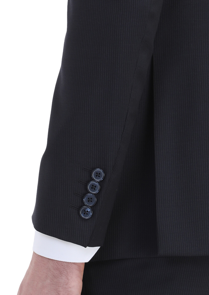 Lacivert Çizgili Modern Fit %100 Yün Takım Elbise - 5