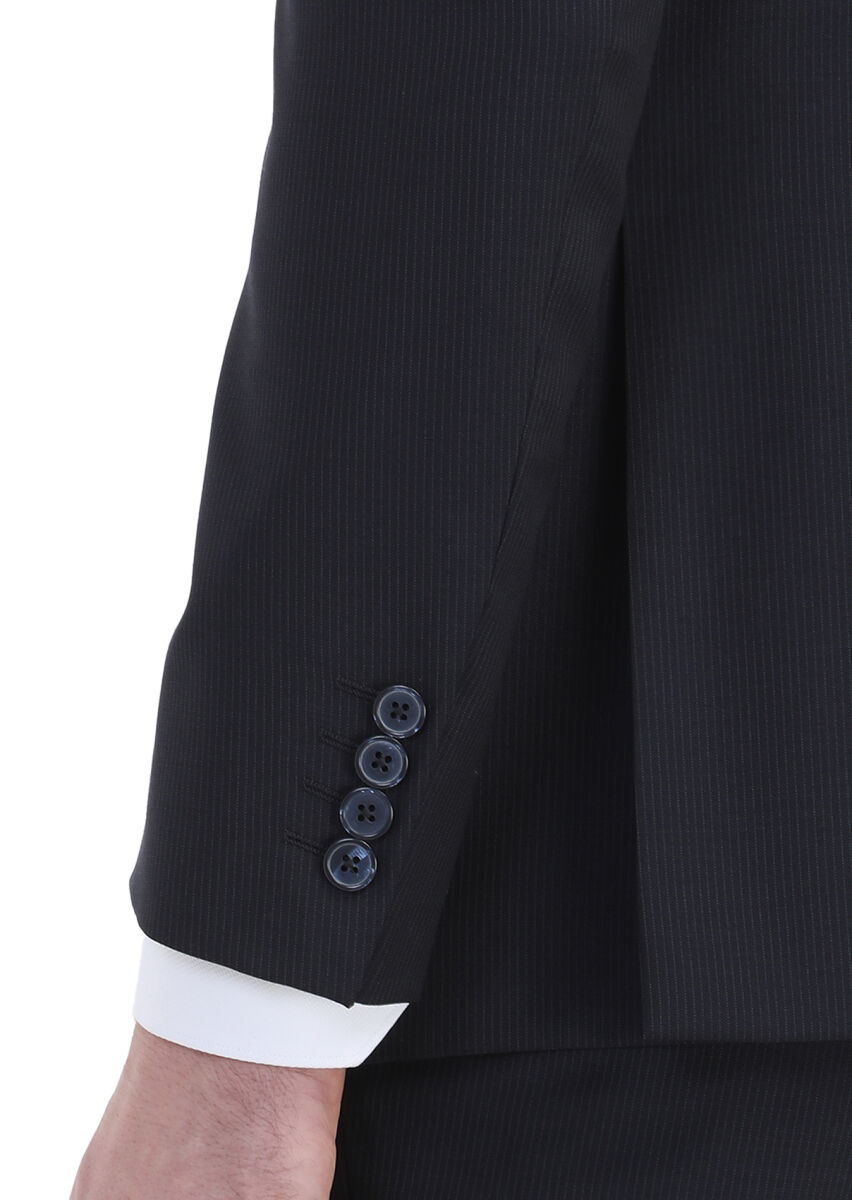 Lacivert Çizgili Modern Fit %100 Yün Takım Elbise - 5