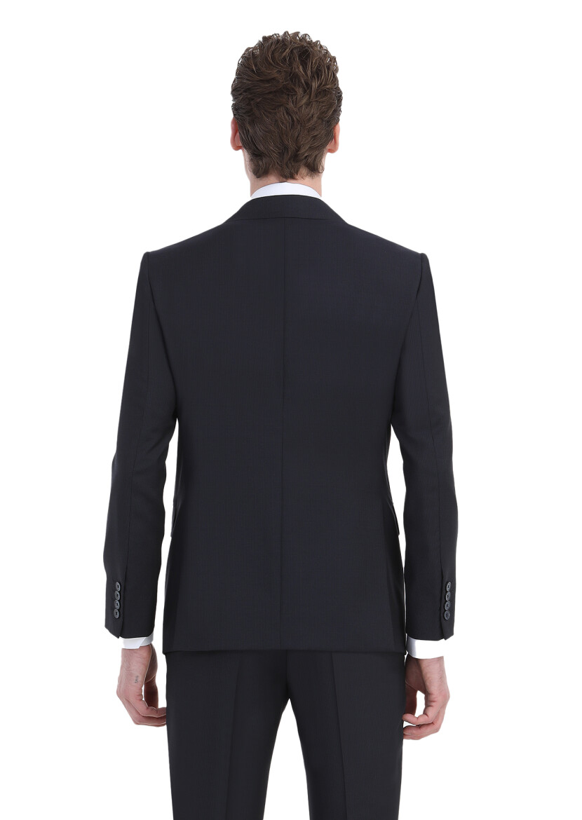 Lacivert Çizgili Modern Fit %100 Yün Takım Elbise - 6